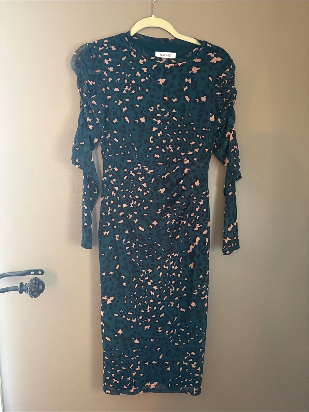Nine West Green and Pink Printed Long Sleeve Midi Dress